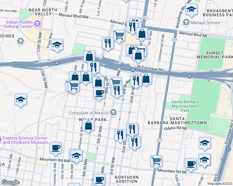 map of restaurants, bars, coffee shops, grocery stores, and more near 400-420 Haines Avenue Northwest in Albuquerque