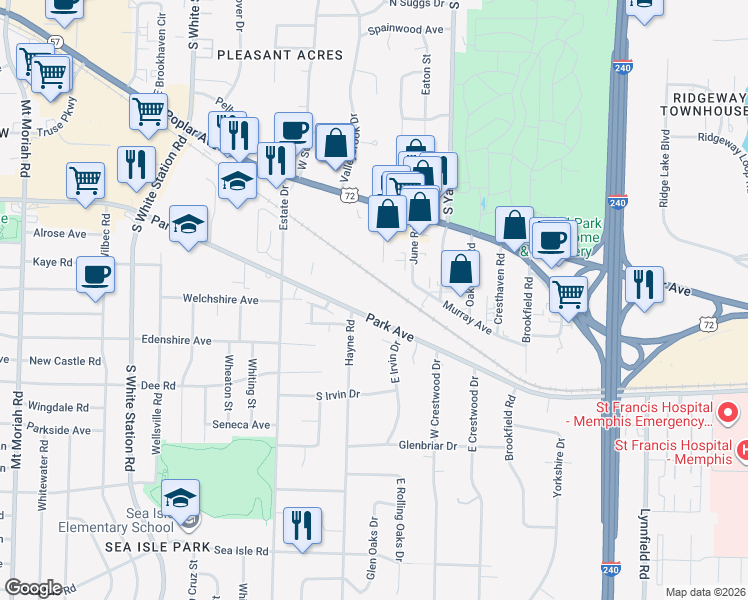 map of restaurants, bars, coffee shops, grocery stores, and more near 1052 Park Court Drive in Memphis