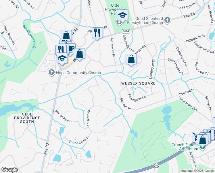 map of restaurants, bars, coffee shops, grocery stores, and more near 7215 Graybeard Court in Charlotte
