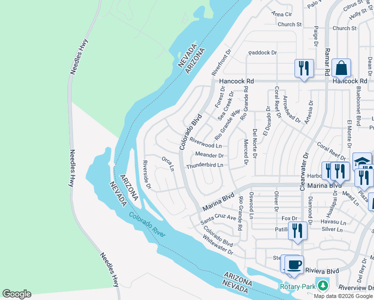 map of restaurants, bars, coffee shops, grocery stores, and more near 277 Meander Drive in Bullhead City
