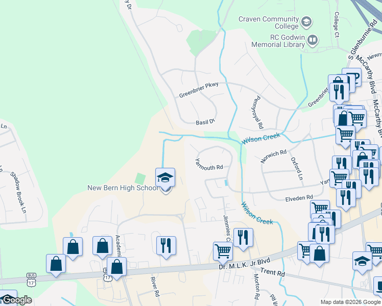 map of restaurants, bars, coffee shops, grocery stores, and more near 103 Knights Ct in New Bern