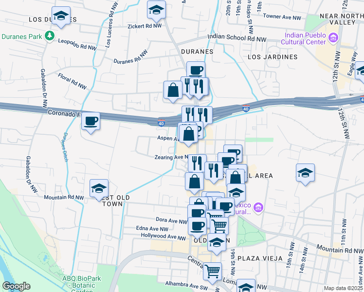 map of restaurants, bars, coffee shops, grocery stores, and more near 901 Rio Grande Boulevard Northwest in Albuquerque