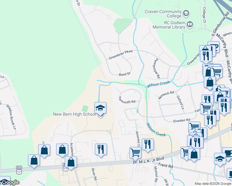 map of restaurants, bars, coffee shops, grocery stores, and more near 103 Knights Court in New Bern