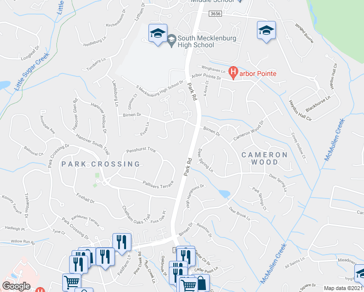 map of restaurants, bars, coffee shops, grocery stores, and more near 9445 South Vicksburg Park Court in Charlotte