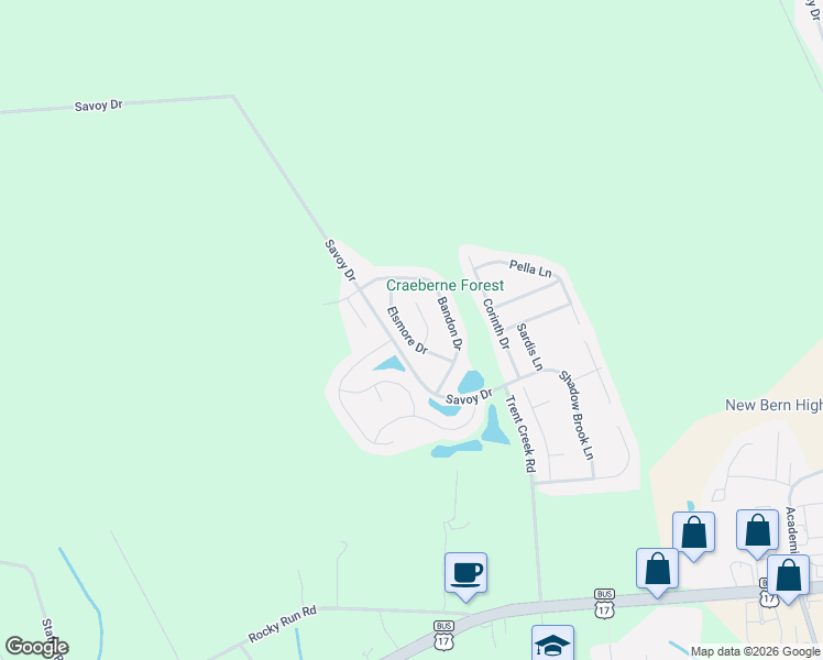 map of restaurants, bars, coffee shops, grocery stores, and more near 409 Elsmore Drive in New Bern