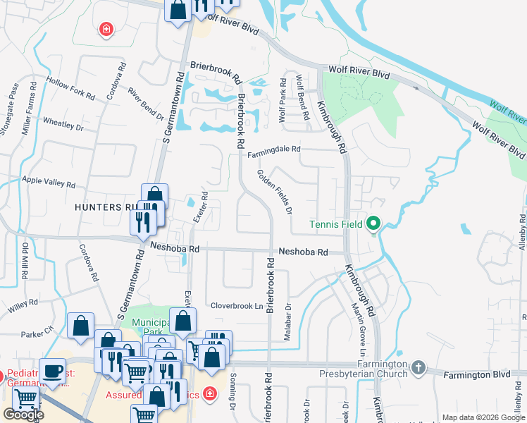map of restaurants, bars, coffee shops, grocery stores, and more near 1693 Brierbrook Road in Germantown