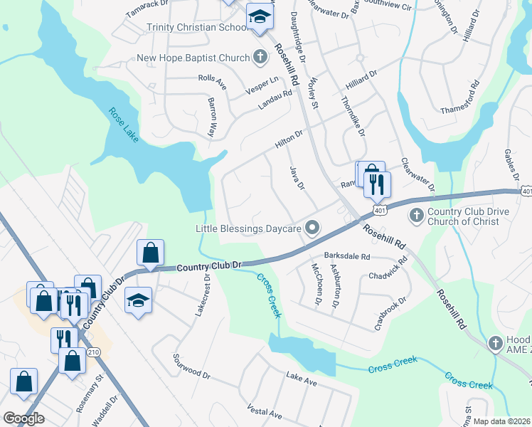 map of restaurants, bars, coffee shops, grocery stores, and more near 3430 Littlestone Court in Fayetteville