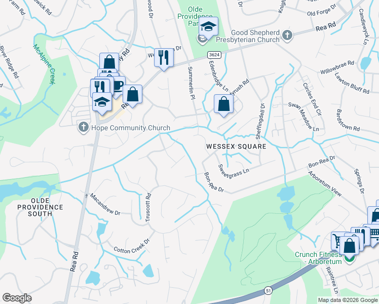map of restaurants, bars, coffee shops, grocery stores, and more near 7215 Graybeard Court in Charlotte