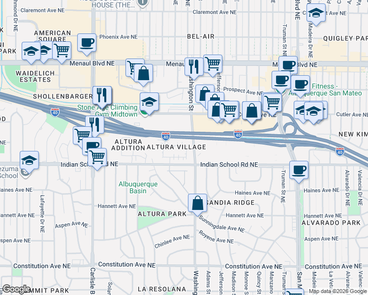 map of restaurants, bars, coffee shops, grocery stores, and more near 2136 Altura Azul Lane Northeast in Albuquerque