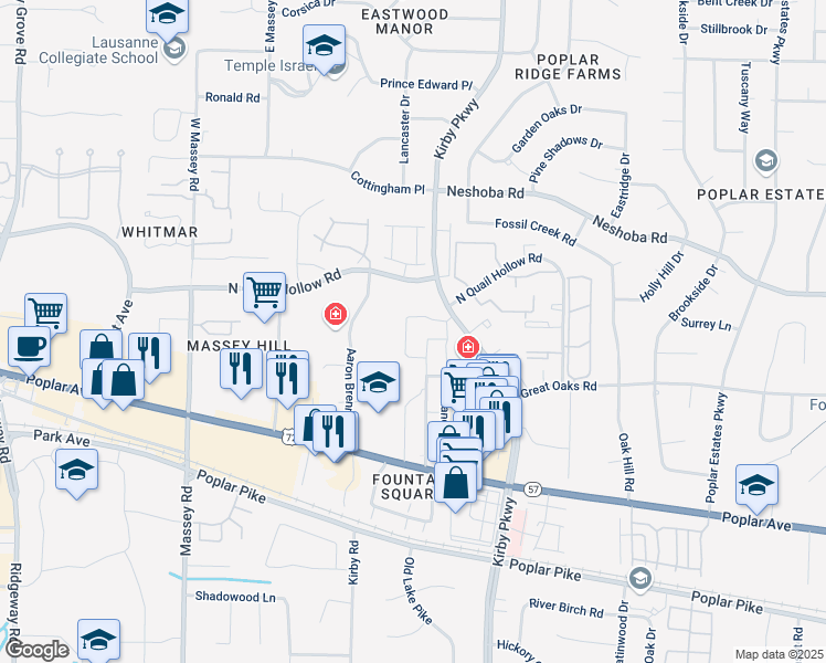 map of restaurants, bars, coffee shops, grocery stores, and more near 1675 Randolph Place in Memphis