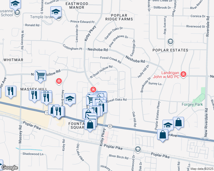 map of restaurants, bars, coffee shops, grocery stores, and more near 6720 Majestic Oak Place in Memphis