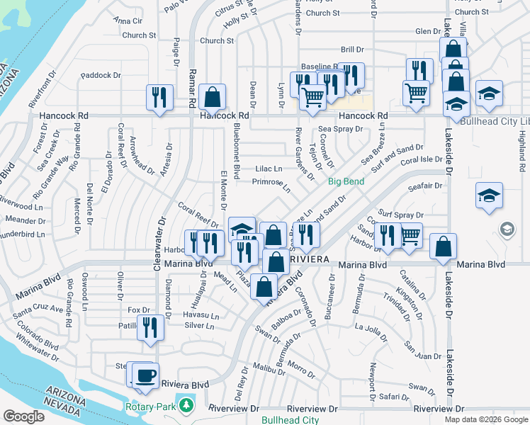 map of restaurants, bars, coffee shops, grocery stores, and more near 1932 Morning Glory Trail in Bullhead City