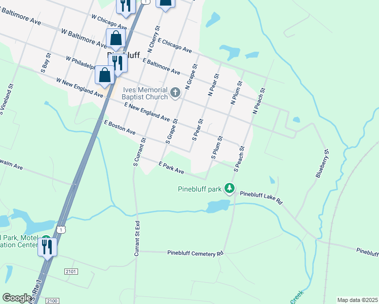 map of restaurants, bars, coffee shops, grocery stores, and more near East Boston Avenue in Pinebluff