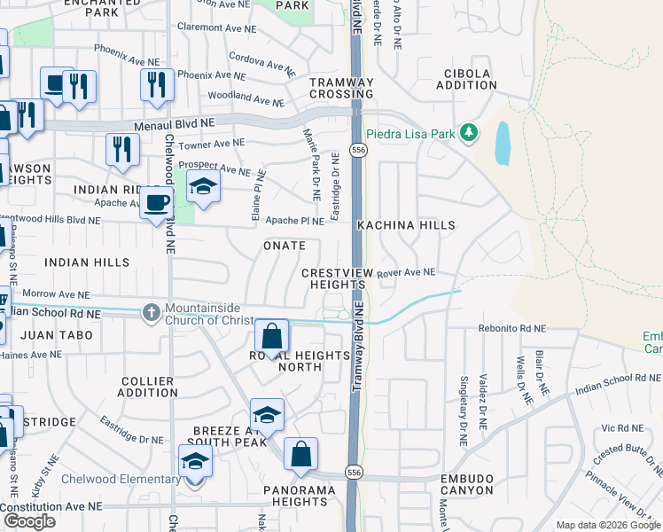 map of restaurants, bars, coffee shops, grocery stores, and more near 1909 Chandelle Avenue Northeast in Albuquerque