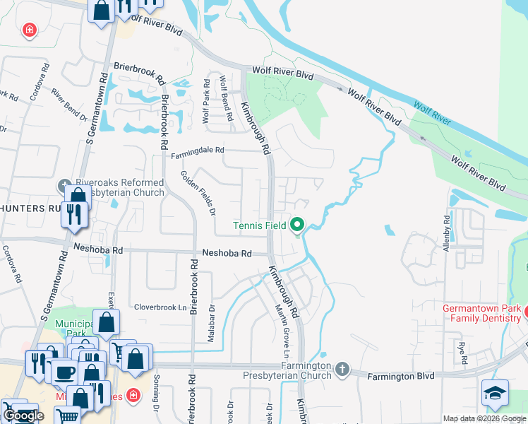 map of restaurants, bars, coffee shops, grocery stores, and more near 1687 Kimbrough Road in Germantown