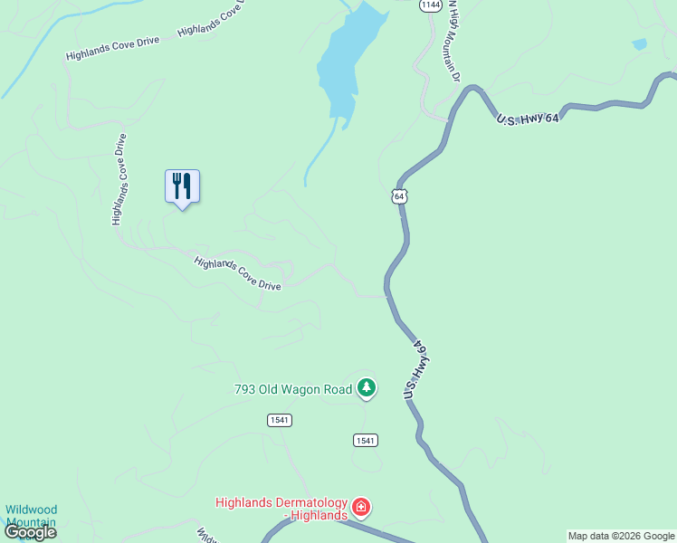 map of restaurants, bars, coffee shops, grocery stores, and more near 178 Highlands Cove Drive in Cashiers