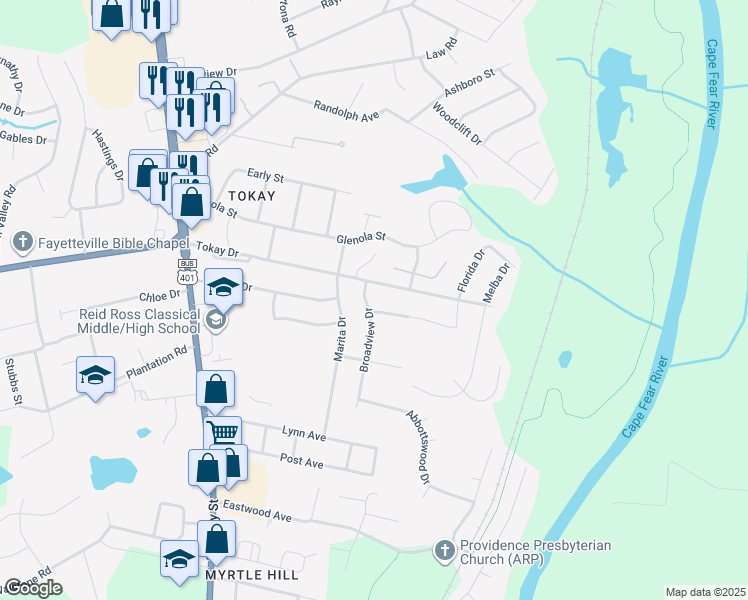 map of restaurants, bars, coffee shops, grocery stores, and more near 605 Biscayne Drive in Fayetteville
