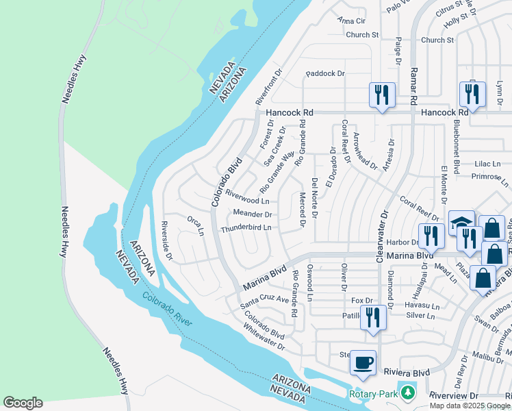 map of restaurants, bars, coffee shops, grocery stores, and more near 301 Meander Drive in Bullhead City
