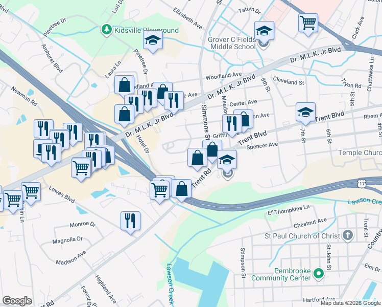 map of restaurants, bars, coffee shops, grocery stores, and more near 2403 Meadowbrook Avenue in New Bern