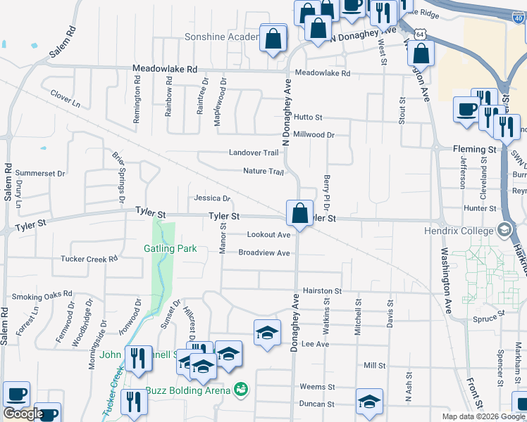 map of restaurants, bars, coffee shops, grocery stores, and more near 2120 Tyler Street in Conway