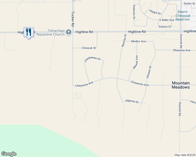 map of restaurants, bars, coffee shops, grocery stores, and more near 18701 Cheyenne Avenue in Tehachapi