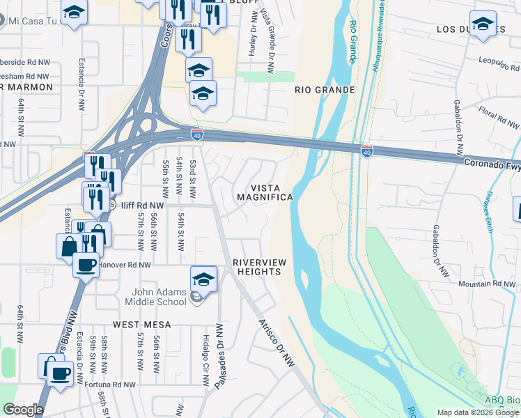 map of restaurants, bars, coffee shops, grocery stores, and more near 1613 Bluffside Place Northwest in Albuquerque