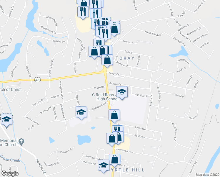 map of restaurants, bars, coffee shops, grocery stores, and more near 3210 Ramsey Street in Fayetteville