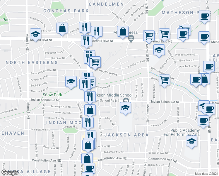 map of restaurants, bars, coffee shops, grocery stores, and more near 1828 Christine Street Northeast in Albuquerque