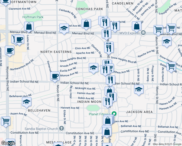map of restaurants, bars, coffee shops, grocery stores, and more near 9626 Morrow Avenue Northeast in Albuquerque