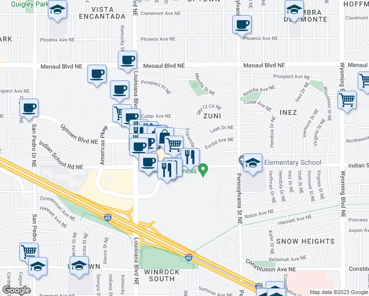 map of restaurants, bars, coffee shops, grocery stores, and more near 1901 Espanola Street Northeast in Albuquerque
