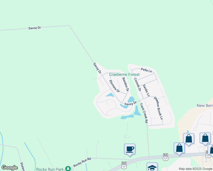 map of restaurants, bars, coffee shops, grocery stores, and more near 113 Joan Court in New Bern