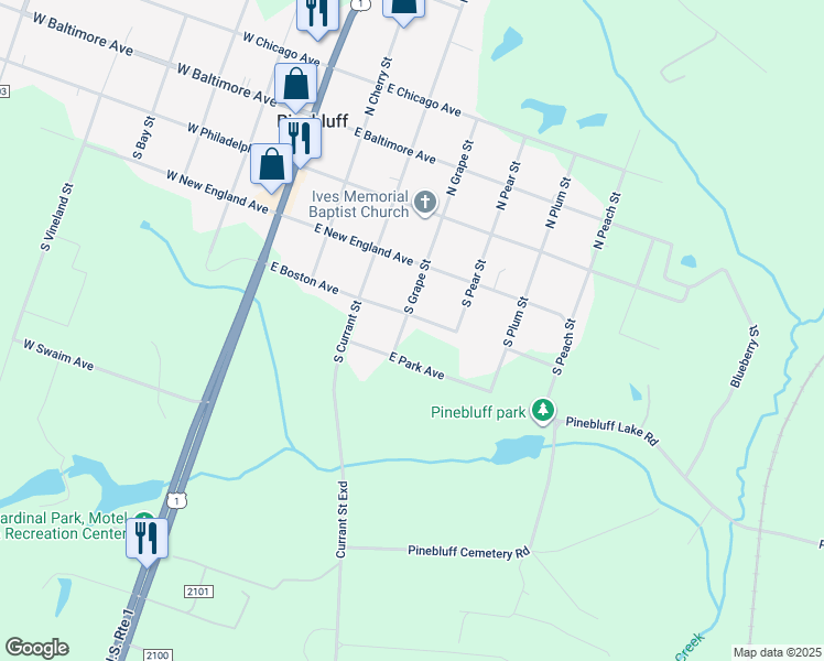 map of restaurants, bars, coffee shops, grocery stores, and more near East Boston Avenue in Pinebluff