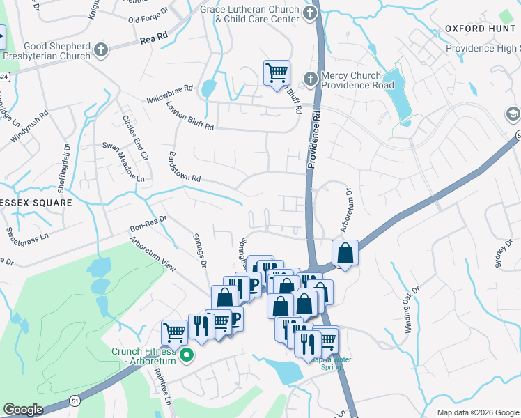 map of restaurants, bars, coffee shops, grocery stores, and more near 3317 Luke Crossing Drive in Charlotte