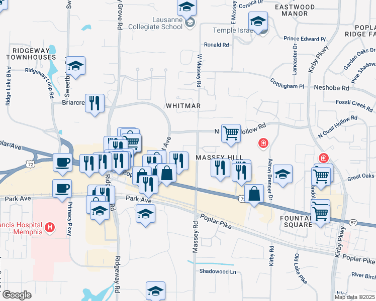 map of restaurants, bars, coffee shops, grocery stores, and more near 1645 West Massey Road in Memphis
