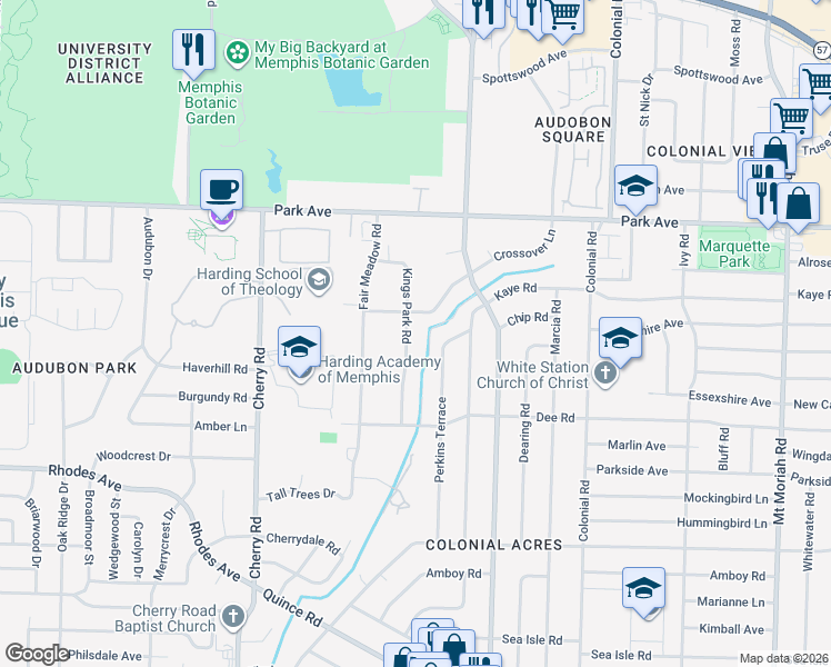 map of restaurants, bars, coffee shops, grocery stores, and more near 1050 Kings Park Road in Memphis