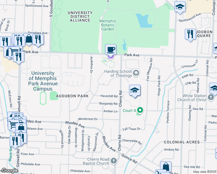 map of restaurants, bars, coffee shops, grocery stores, and more near 1023 Cherry Road in Memphis