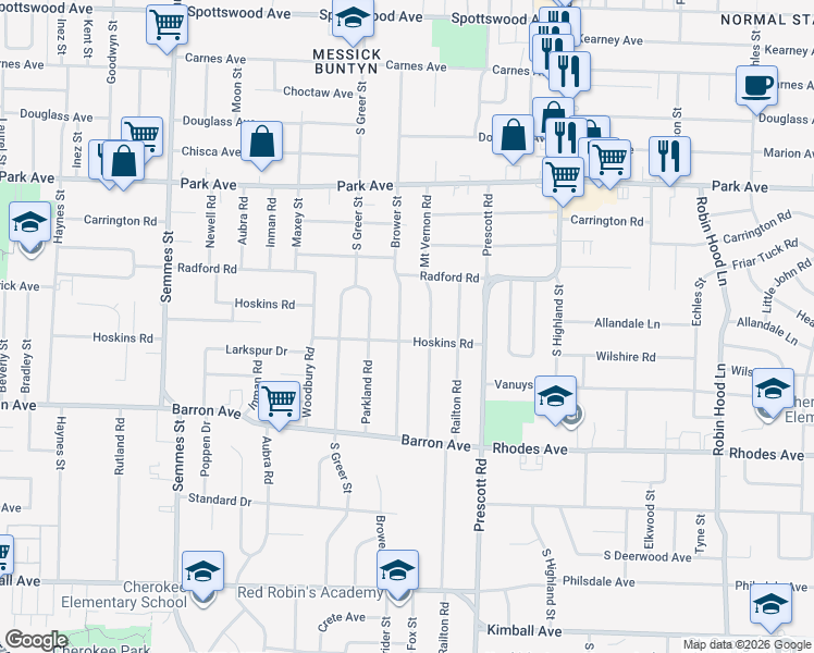 map of restaurants, bars, coffee shops, grocery stores, and more near 1048 Brower Street in Memphis