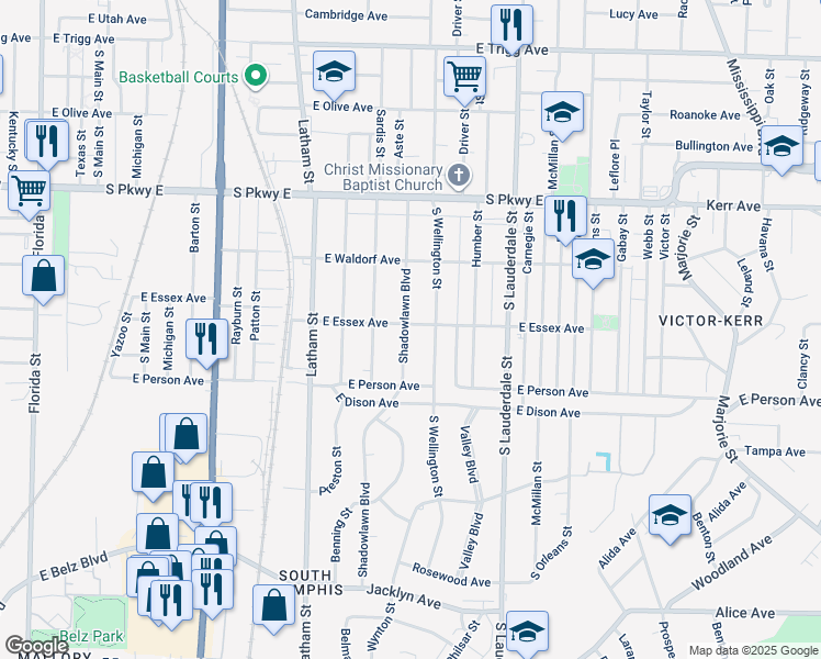 map of restaurants, bars, coffee shops, grocery stores, and more near 1614 Shadowlawn Boulevard in Memphis