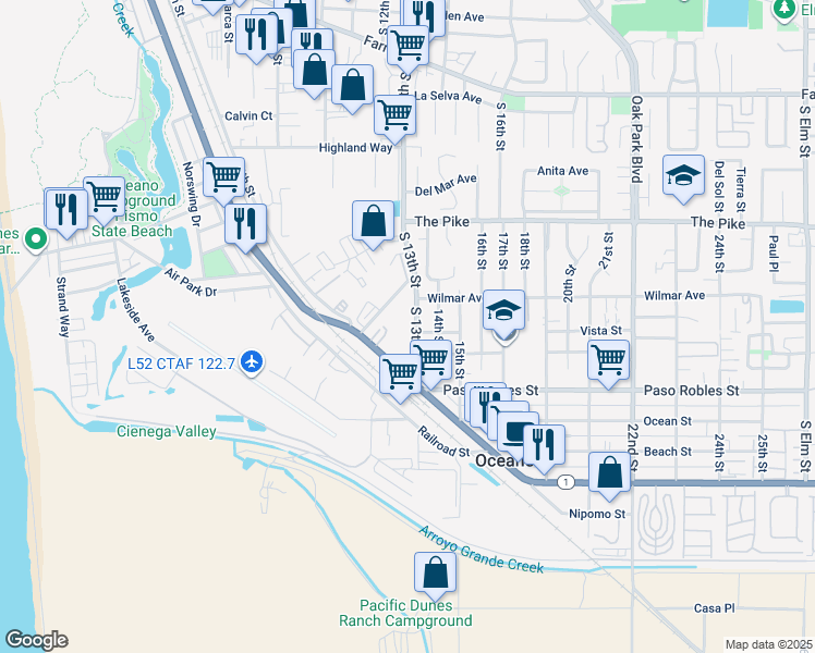 map of restaurants, bars, coffee shops, grocery stores, and more near 1470 South 13th Street in Oceano
