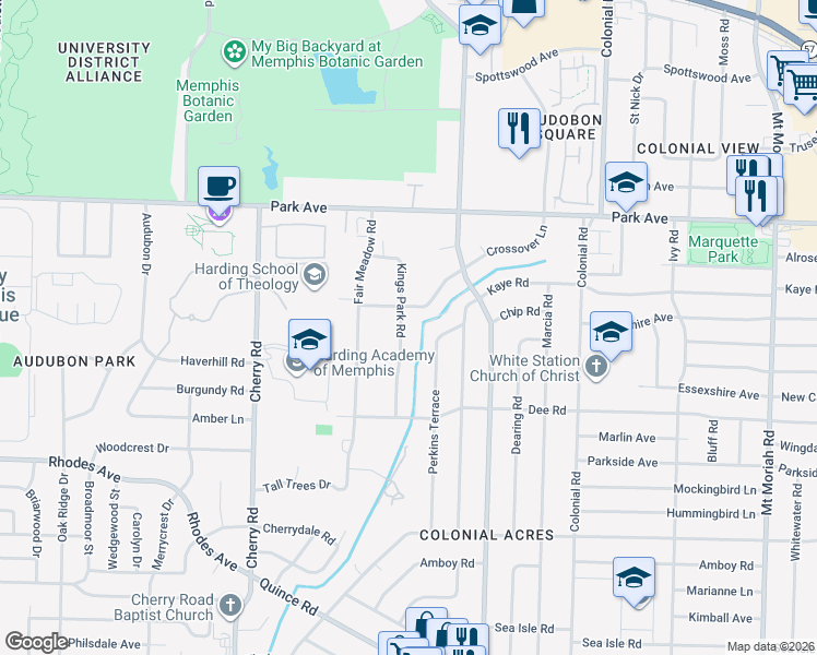 map of restaurants, bars, coffee shops, grocery stores, and more near 1050 Kings Park Road in Memphis