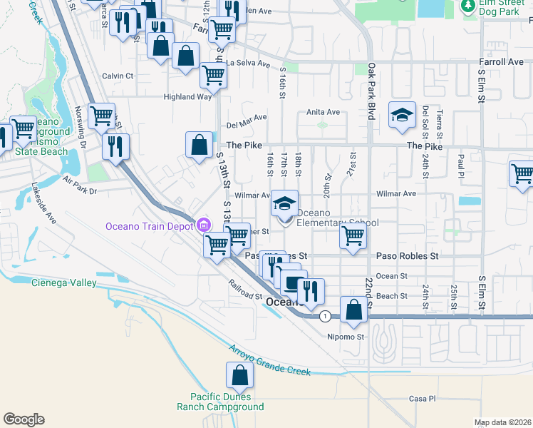 map of restaurants, bars, coffee shops, grocery stores, and more near 1490 16th Street in Oceano