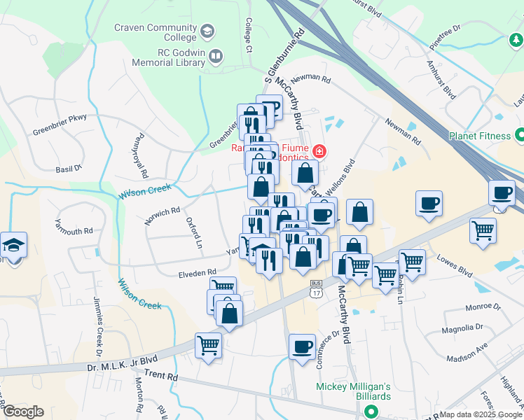 map of restaurants, bars, coffee shops, grocery stores, and more near 1910 South Glenburnie Road in New Bern