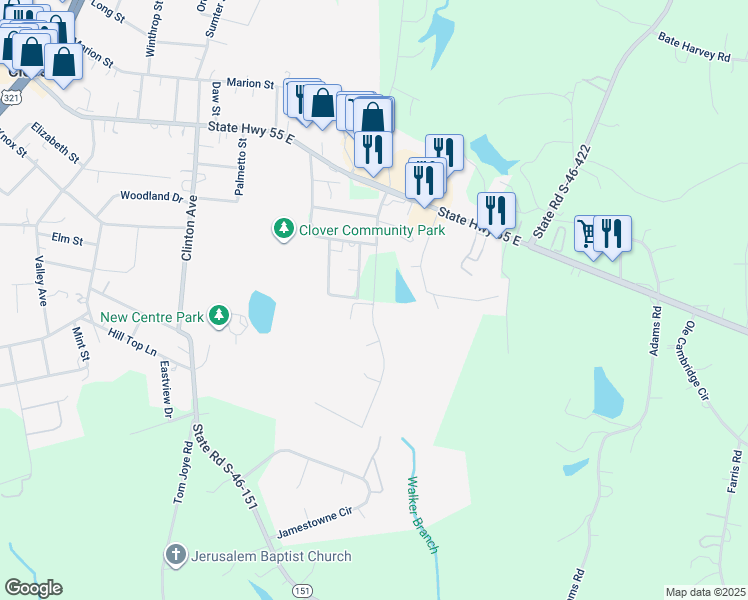 map of restaurants, bars, coffee shops, grocery stores, and more near 299 Quinn Road in Clover