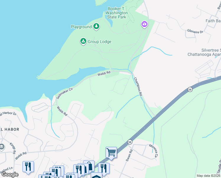 map of restaurants, bars, coffee shops, grocery stores, and more near 5266 Rotary Drive in Chattanooga