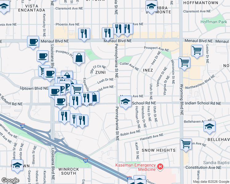 map of restaurants, bars, coffee shops, grocery stores, and more near 2001 Pennsylvania Street Northeast in Albuquerque