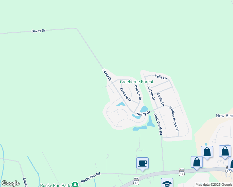 map of restaurants, bars, coffee shops, grocery stores, and more near 113 Joan Court in New Bern