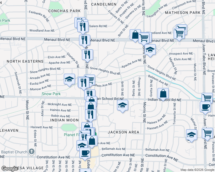 map of restaurants, bars, coffee shops, grocery stores, and more near 1828 Christine Street Northeast in Albuquerque