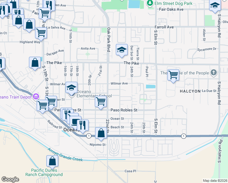 map of restaurants, bars, coffee shops, grocery stores, and more near 1484 23rd Street in Oceano