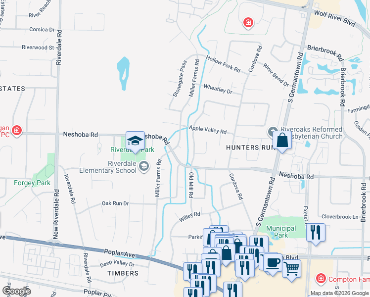 map of restaurants, bars, coffee shops, grocery stores, and more near 1695 Old Mill Road in Germantown