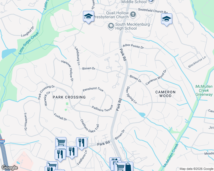 map of restaurants, bars, coffee shops, grocery stores, and more near 9406 Penshurst Trce in Charlotte